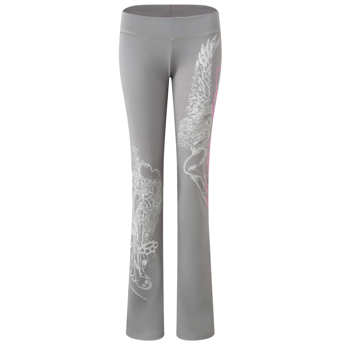 Gray flared leggings with white wing and floral graphic prints on the outer legs, shown on a plain white background.