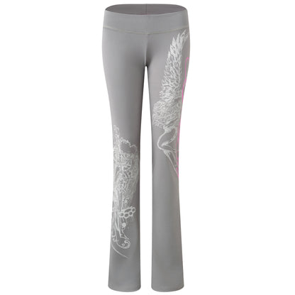Gray flared leggings with white wing and floral graphic prints on the outer legs, shown on a plain white background.