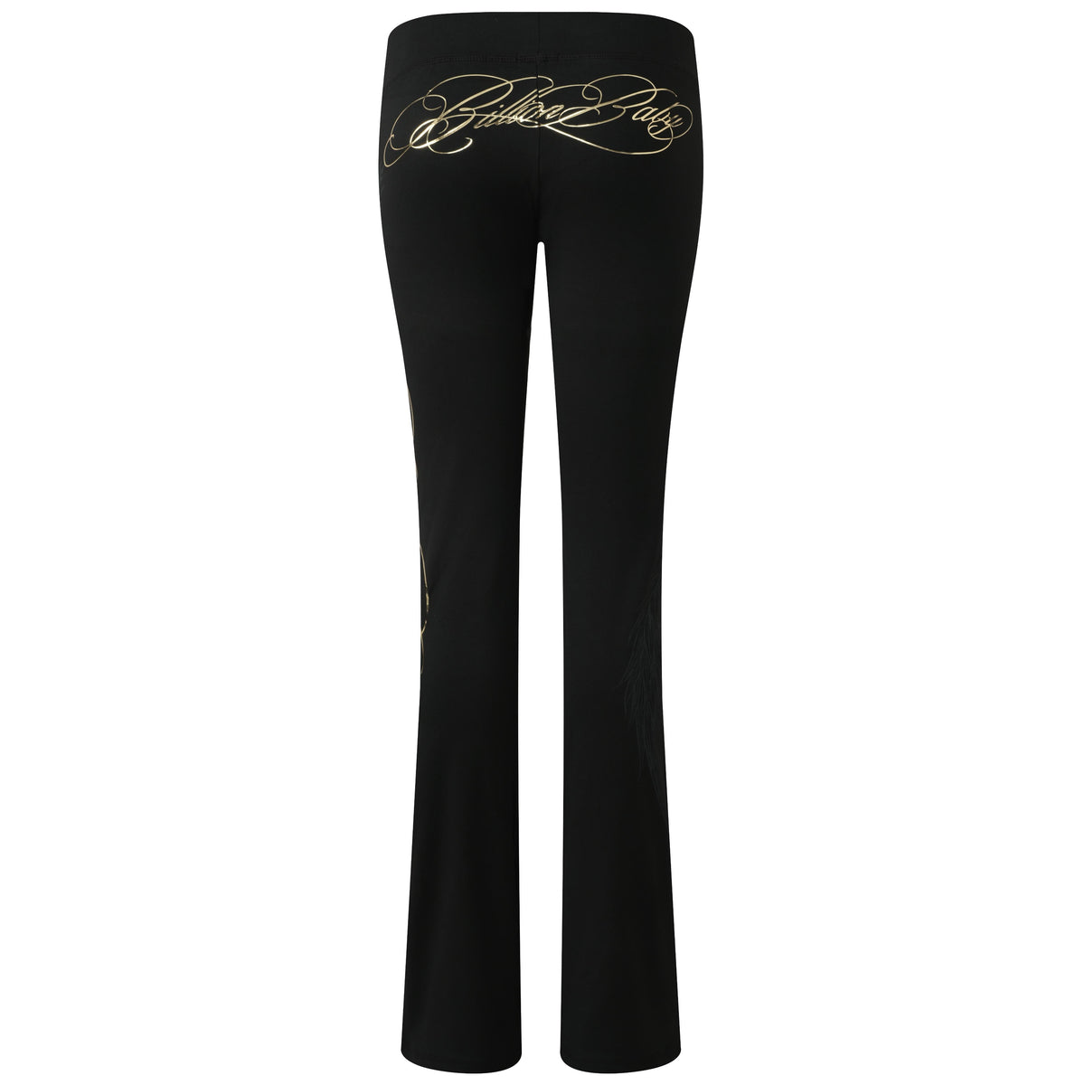 Black flared pants with a gold cursive script logo printed across the upper back, shown against a plain white background.