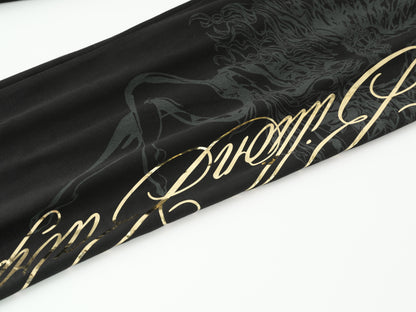 Black fabric with a metallic gold cursive script and a dark gray horse graphic, shown on a white background.
