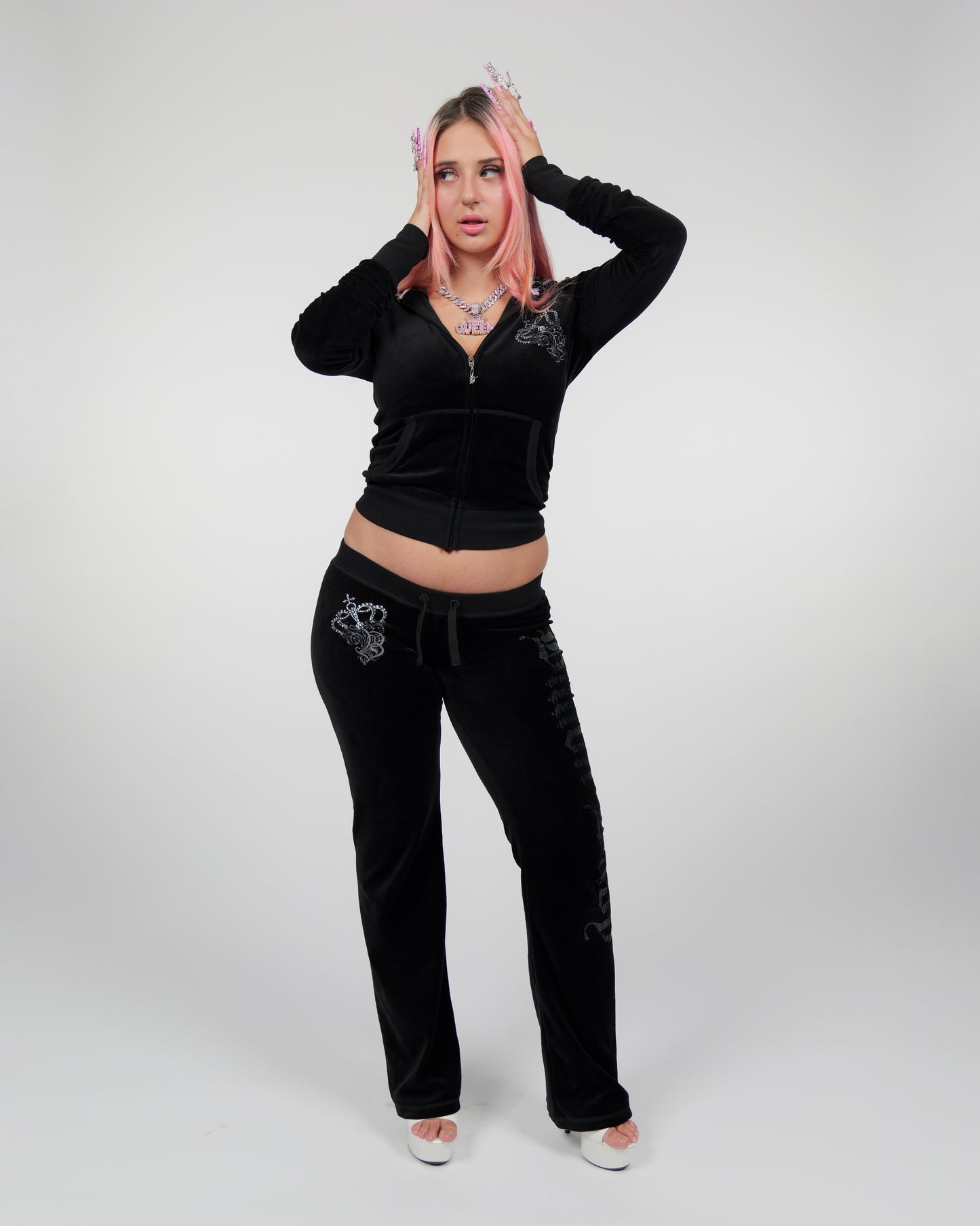 Jet Black Cotton Velour Lowrise Pants