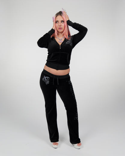 Jet Black Cotton Velour Lowrise Pants